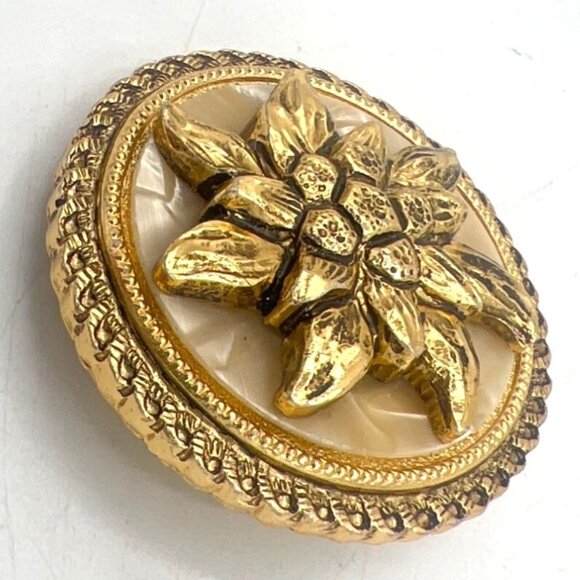 Vtg West Germany 3D Dress Scarf Clip Floral Dahlia MOP Rope Edge Gold Tone MCM - Picture 2 of 6